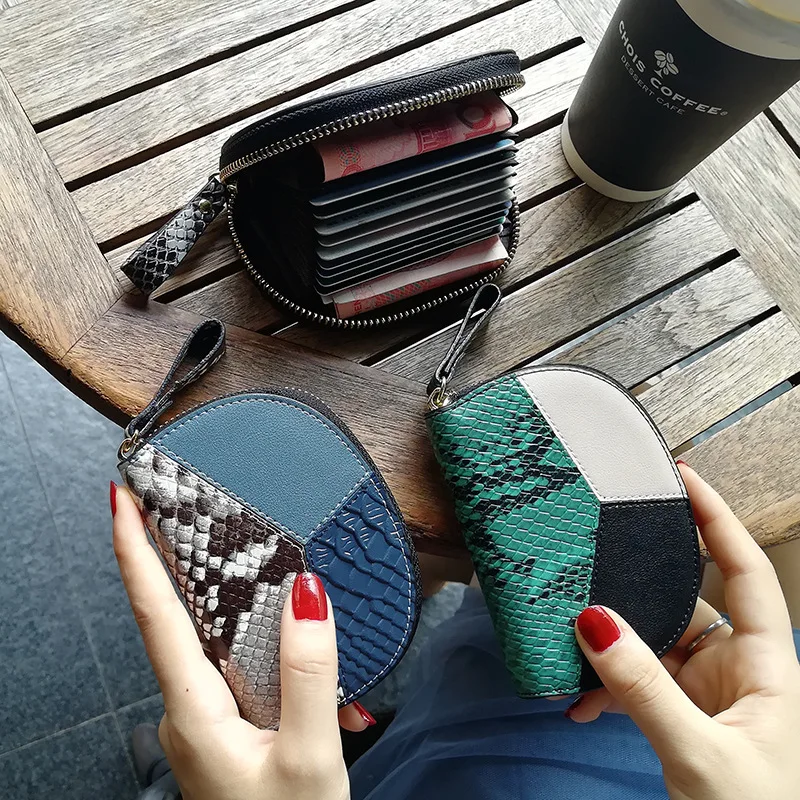 

2020 New Women Serpentine Card Holder Genuine Leather Geometric Female Purse Money Bag Zipper Credit Card Wallet