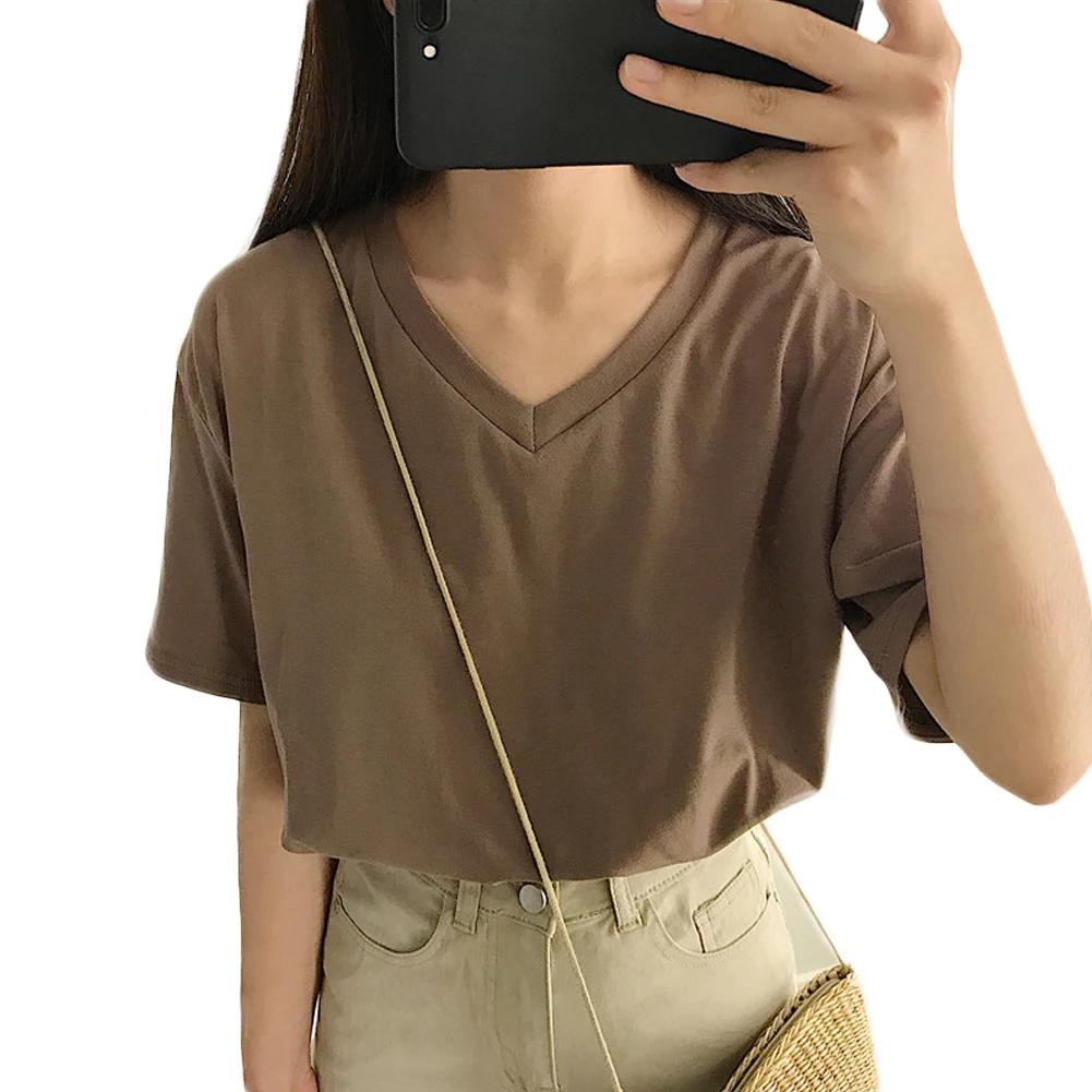 V Neck Хлопок, лен, шикарный женский топ, летняя Минималистичная футболка, свободная однотонная, круглый вырез, короткий рукав, тонкий, для студентов, школьные Топы - Цвет: V Neck