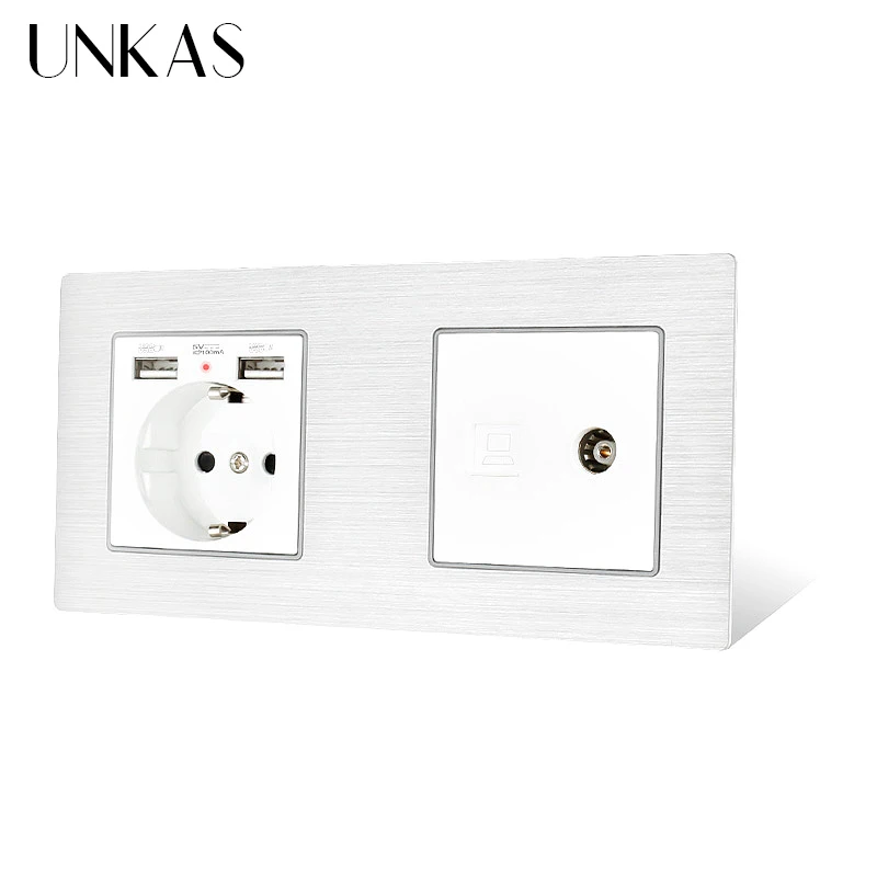 UNKAS 1 Gang EU алюминиевая металлическая панельная Розетка с USB + RJ45 Интернет разъем ТВ