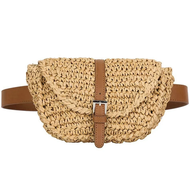 

NEW-Women Semicircle Straw Bags Lady Waist Fanny Pack Summer Beach Satchel Chest Bag, Camel Color