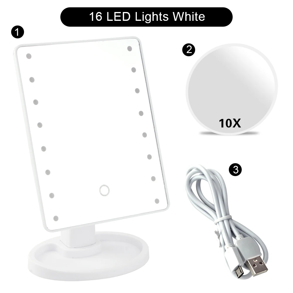 WH 16 Lights Set A Зеркало для макияжа с 16/22 светодиодный светильник с сенсорным экраном роскошное зеркало 1X10X увеличительное гибкое зеркало с двойной регулируемой мощностью - Цвет: WH 16 Lights Set A
