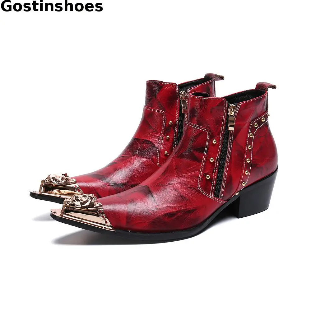

Fashion Men Ankle Boots Genuine Leather Red Printed Matal Cap Toe Men Short Boots Side Zip Slip On Men Work Boots Daily Wear