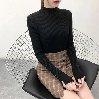 

Knit Sweater Women Solid Color Slim Trumpet Sleeve Half-neck Collar Bottoms Sweater Autumn Winter Button Sleeve Sweaters