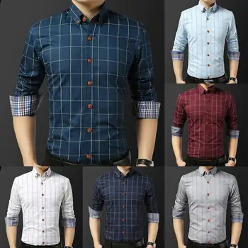 

Chic Men Plaid Print Lapel Button Long Sleeve Slim Fite Business Shirt Blouse Top