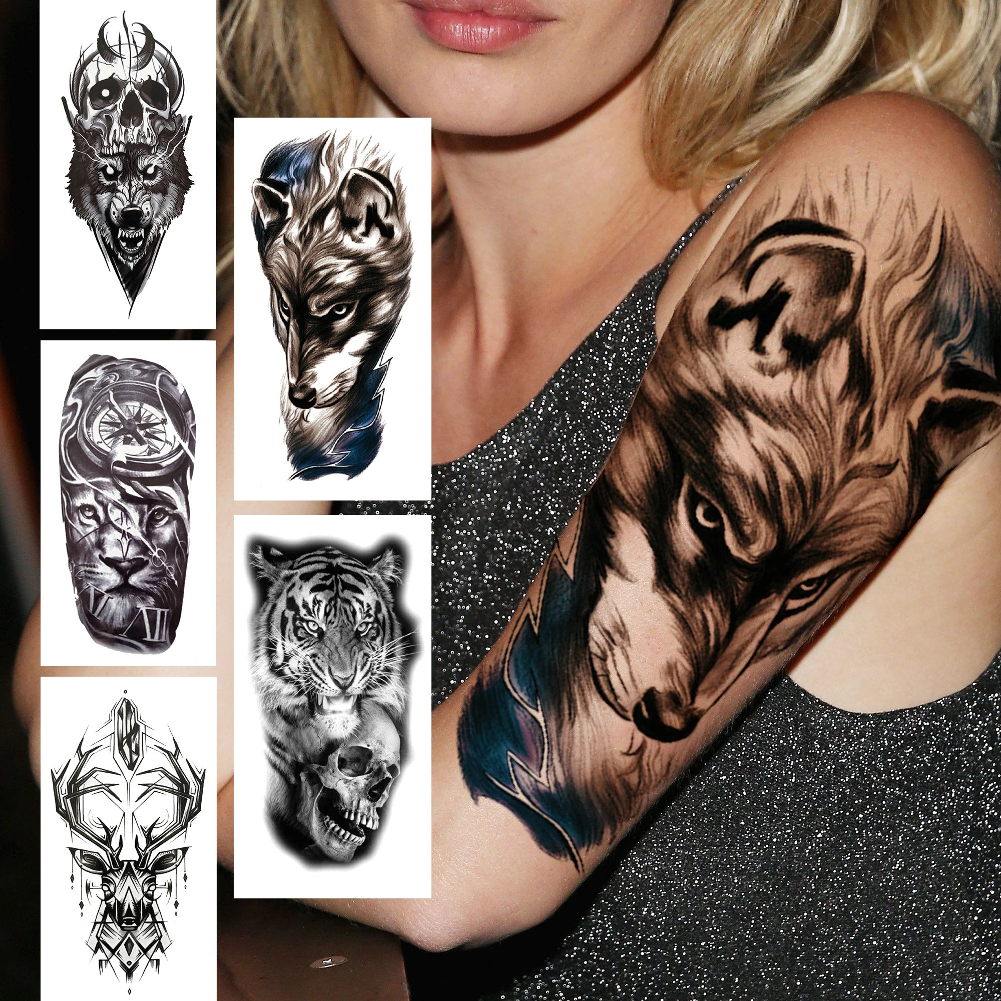 3D Realistic Wolf Temporary Tattoos For Women Men Adult Tiger Skull Deer  Jewelry Tattoo Sticker Lion Black Fake Animal Tatoos _ - AliExpress Mobile