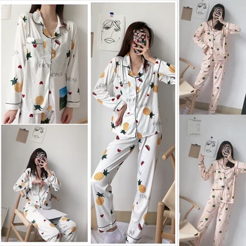 

Female Print Twinset Pajamas Sets Cardigan Nightwear Long Sleeve Spring Autumn Long Sleeve Woman Pajamas Supplies