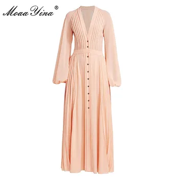 

MoaaYina Fashion Runway dress Spring Women's Dress V-neck Lantern sleeve Pleated Chiffon Dresses