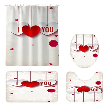 

Hot Bathroom Set Waterproof Shower Curtain Toilet Cover Mat Non Slip Rug Home Decor Valentine's Day