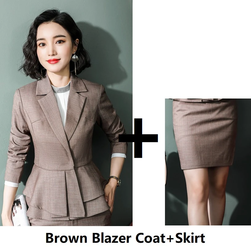 Brown Skirt Suits Женские офисные профессиональные блейзеры, костюмы, Осень-зима, Женская деловая рабочая одежда, брючные костюмы, OL стили, длинные рукава, брючные костюмы - Цвет: Brown Skirt Suits