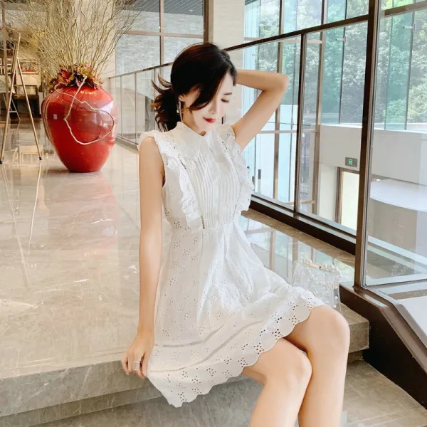 Summer Solid Women Dress Summer Sleeveless High Waist Hollow Out Slim Mini Dresses Female Fashion Elegant New