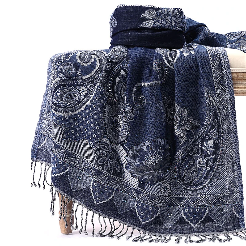 

Ultra Long Women Cashmere Blend Scarves Tassels Imitation Cashmere Muslim Hijab Handmade Embroidery Beads Cachecol Feminino