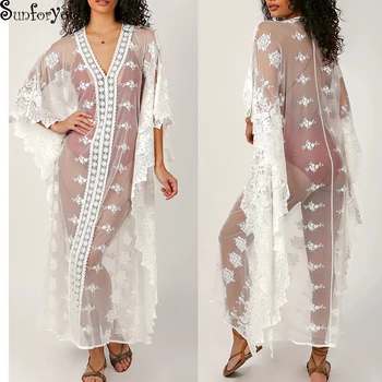 

Embroidery Mesh Cover up Robe Plage Beach Dress Vestido de Playa Para mujer Swim suit cover up Sarong Beach wear Bikini Cover up