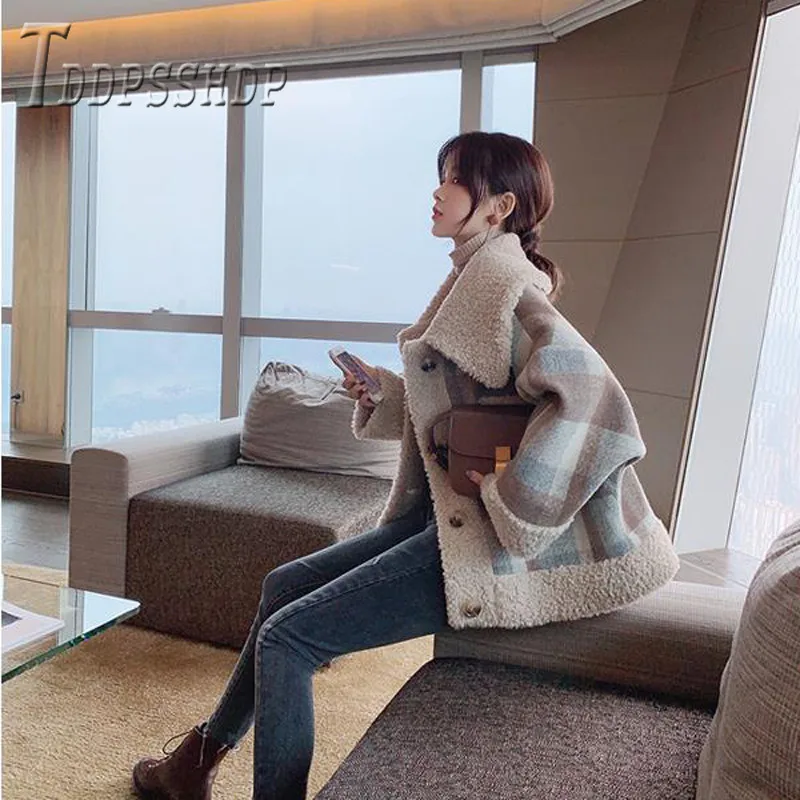 low cost  2019 Autumn Winter Korean Retro Grid Women Coat Fluff Collar Single Breasted Female Jacket