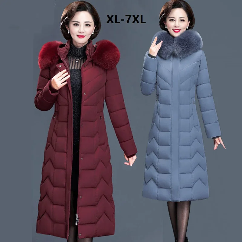 Большие размеры, L-7XL, женская зимняя куртка с капюшоном, меховой воротник, большой размер, пуховик, зимнее пальто, теплая утепленная хлопковая длинная парка, верхняя одежда