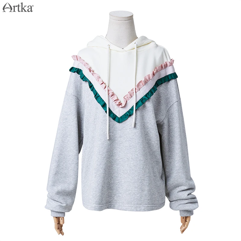  ARTKA 2019 Autumn Winter New Women Hoodies Loose Fake Two Pieces Sweatshirt Long Sleeve Ruffle Pull