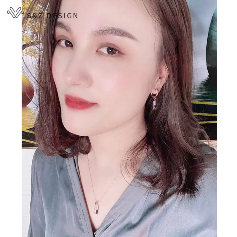 S&Z DESIGN New Unique Double Color Square Cubic Zirconia Dangle Earrings Jewelry Sets For Women 585 Rose Gold Pendant Necklace