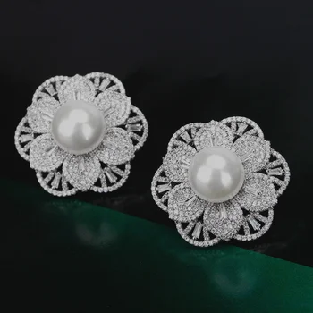 

12mm Imitation Pearl Dangle Earrings camellia Full Cubic Zircon Crystal CZ For Women WeddingDubai Indian Bridal Earrings