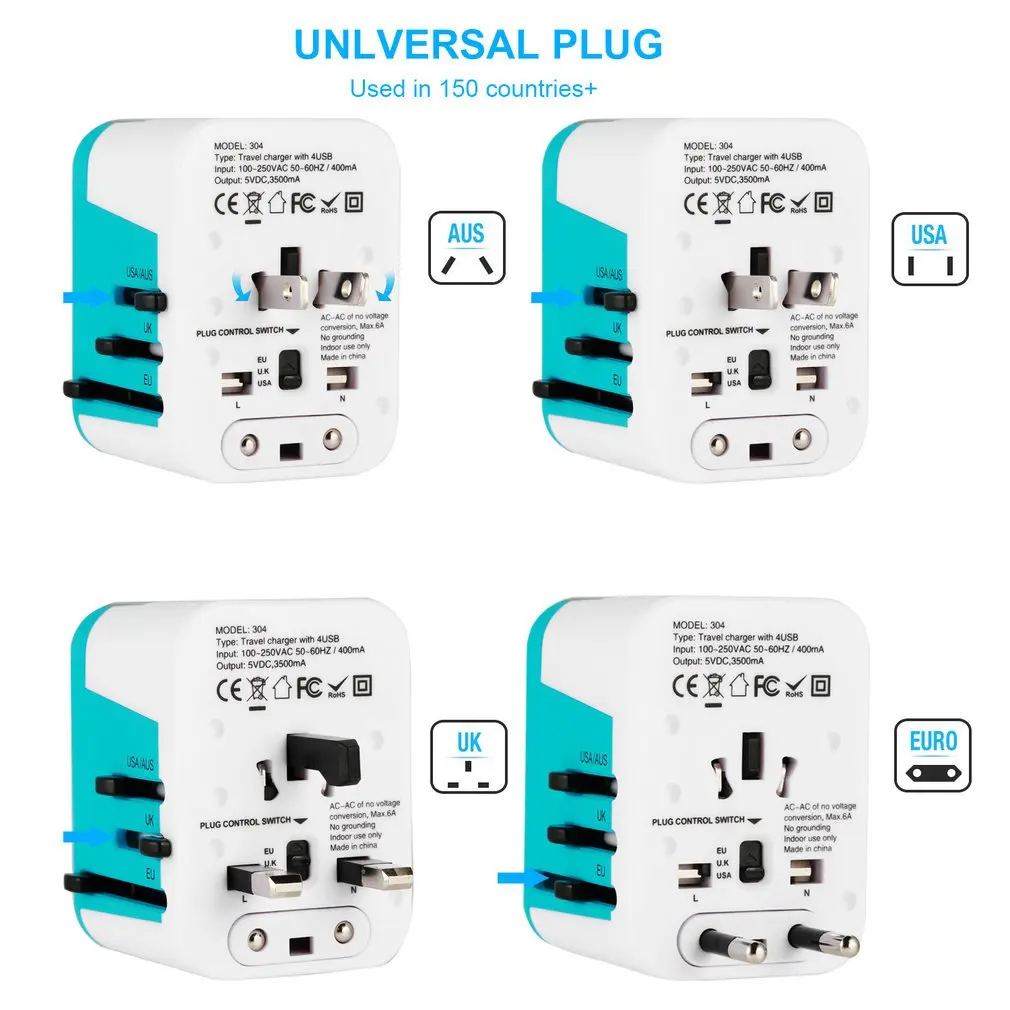 110 250V 3AC 4 Порты USB Универсальное зарядное Зарядное устройство для путешествий