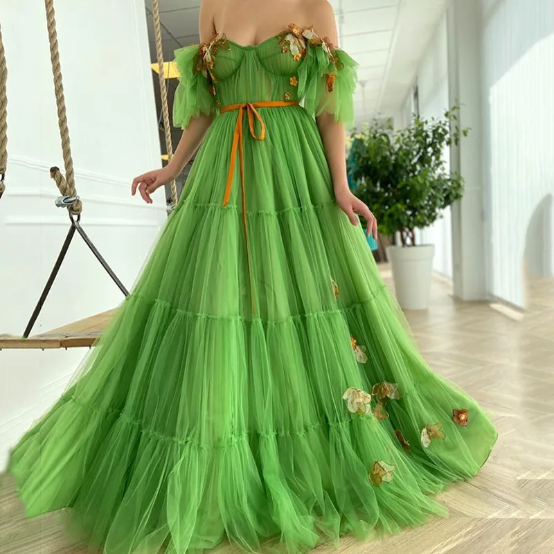 

Элегантное зеленое Тюлевое платье BridalAffair с открытыми плечами для выпускного вечера, Новое поступление, ТРАПЕЦИЕВИДНОЕ вечернее платье с короткими рукавами и цветочным рисунком