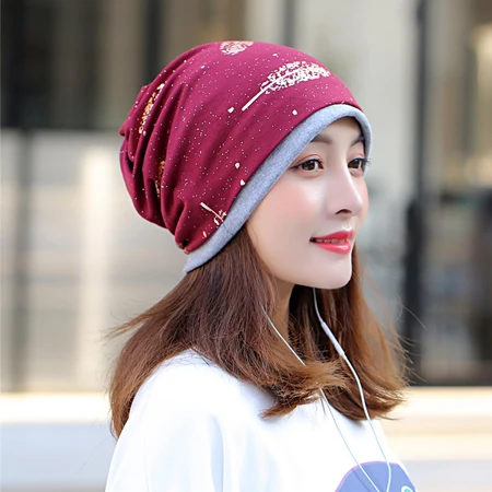 [DINGDNSHOW] Beanies Hat Skullies хлопковая Теплая Зимняя кепка Женская печатная шляпка с цветком шапка трикотажная шапка женская - Цвет: deep red