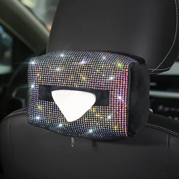 

Colorful Rhinestone Car Tissue Box Holder Seat Back Headrest Hanging Tissue Paper Case Diamond Crystal Auto Sunshade Tissue Box