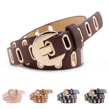 

1Pcs Punk Gold Grommet Pin Buckle Leather Belt Personality Hollow Out Fashion Casual Rock Adjustable Hole Women PU Leather Belt