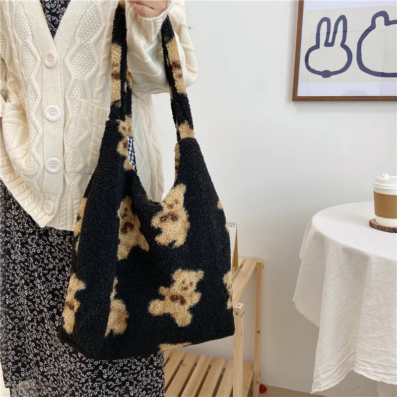 Women Large Capacity Handbag Fabric Shoulder Bag Plush Cartoon Bear Printed Decorative Button Inner Plaid Shopper Bags | Дом и сад