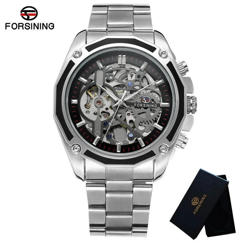 FORSINING автоматические механические мужские наручные часы военные спортивные мужские часы лучший бренд роскошные стальные скелетные водонепроницаемые мужские часы 004 - Цвет: FS00405 with box