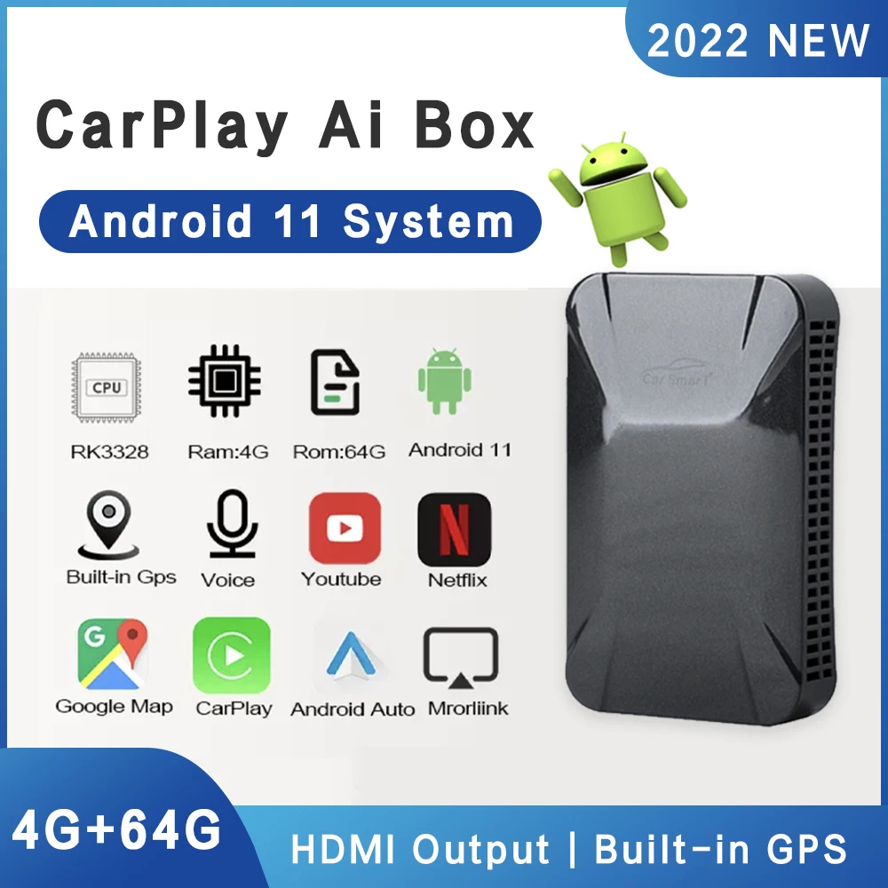 Carplay Ai Box Android 11 Автомобильный мультимедийный плеер 4 + 64 ГБ Youtube Google карта MirrorLink для