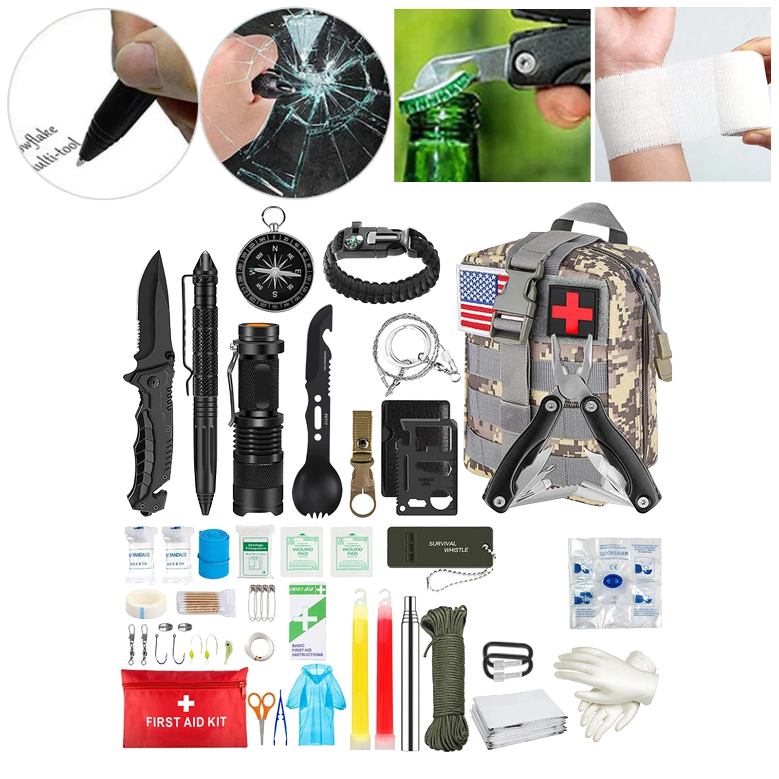 33pcs/set Outdoor Emergency Survival Gear Kit Camping SOS equipment  Christmas Blanket Hiking Essentials Bracelet Man