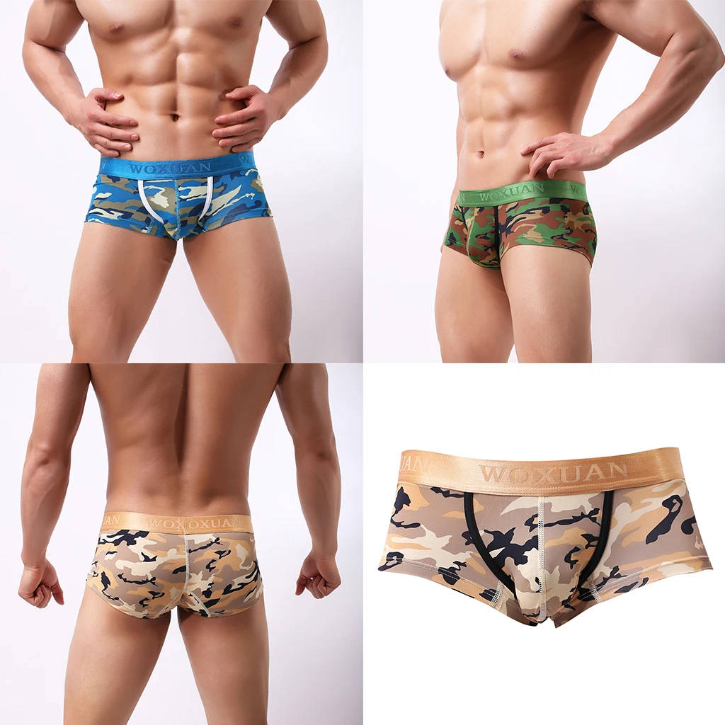 Men Camouflage Underwear  Brief Low Rise Swim Trunks Green/Yellow/Blue S-XL