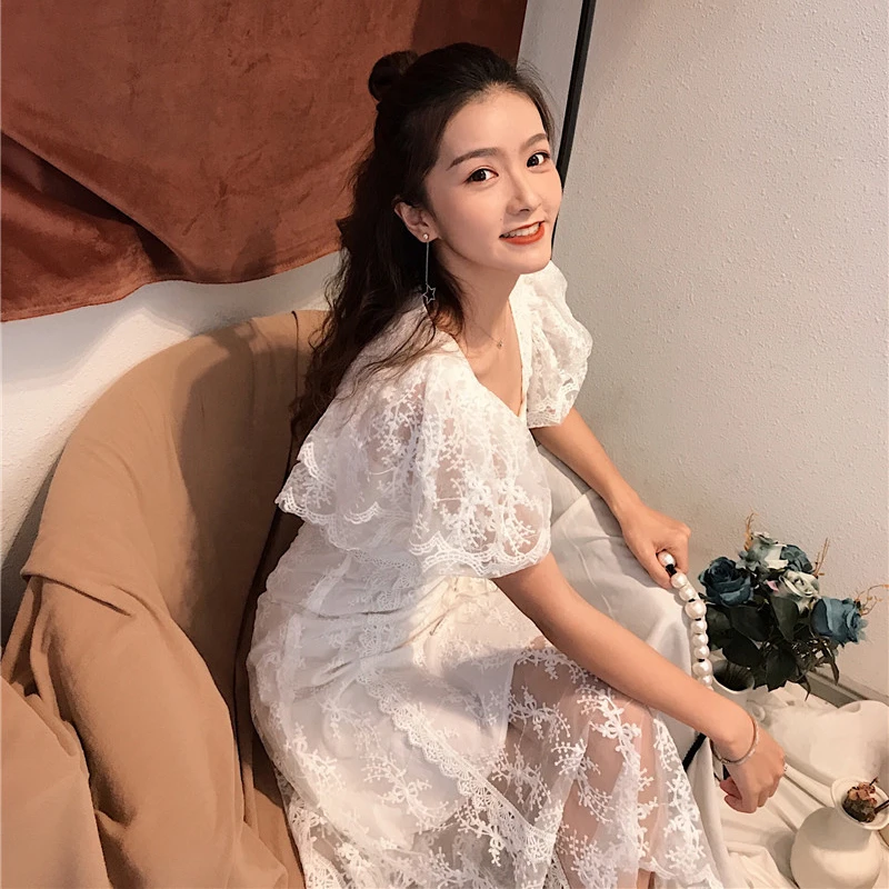 CHICEVER Embroidery Lace Patchwork Womens Dress Square Collar High Waist Short Sleeves Bandage Evening Party Dress Female