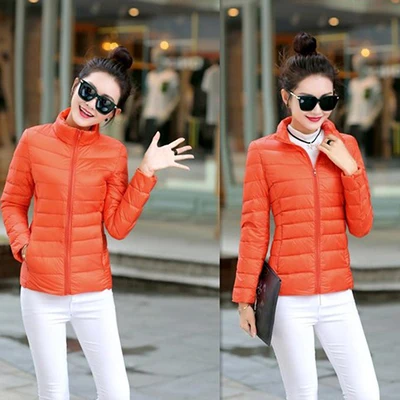 Повседневное тонкое пуховое пальто со стоячим воротником Woemn, Осень-зима, однотонный, размера плюс, ультра-светильник, Короткие пуховые куртки, корейские элегантные теплые пальто - Цвет: Orange-