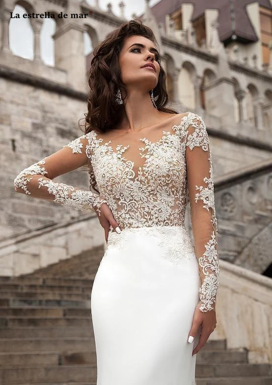 Noiva vestido2019 Новое Кружевное атласное платье с длинными рукавами, цвета слоновой кости, сексуальное пляжное платье русалки, свадебное платье со шлейфом
