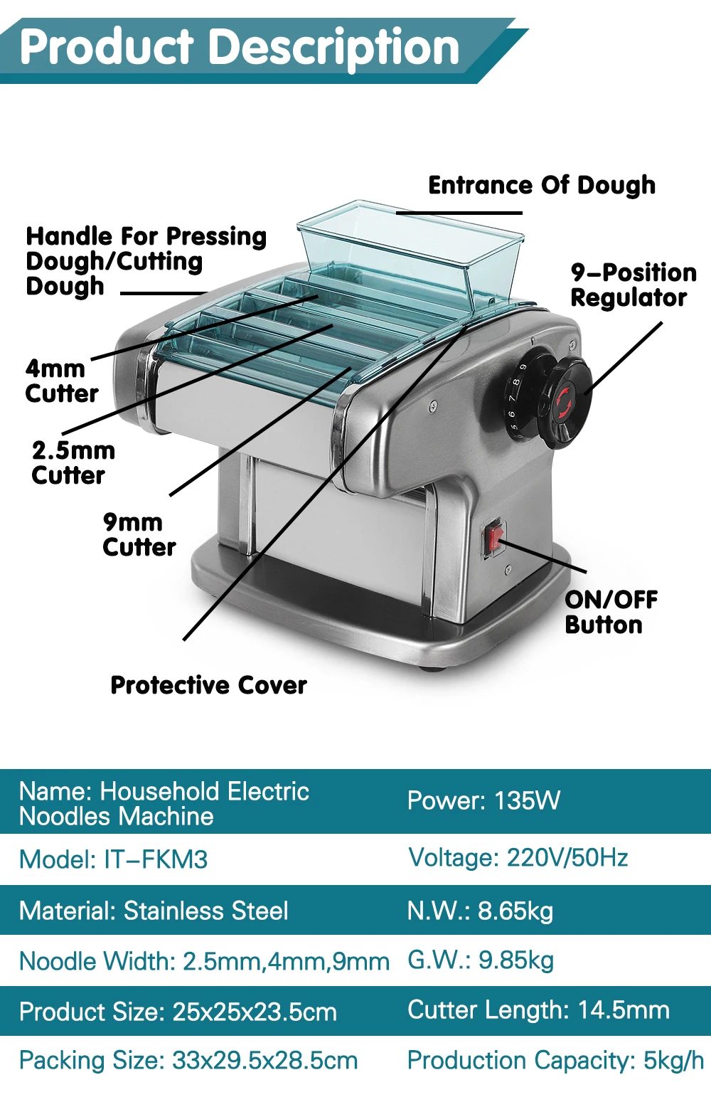 Description Picture 6 of itemITOP Electric Pasta Machine Noodle Maker 220V Commercial Stainless Steel Pressing Machine Dough Cutter Dumpling Skin