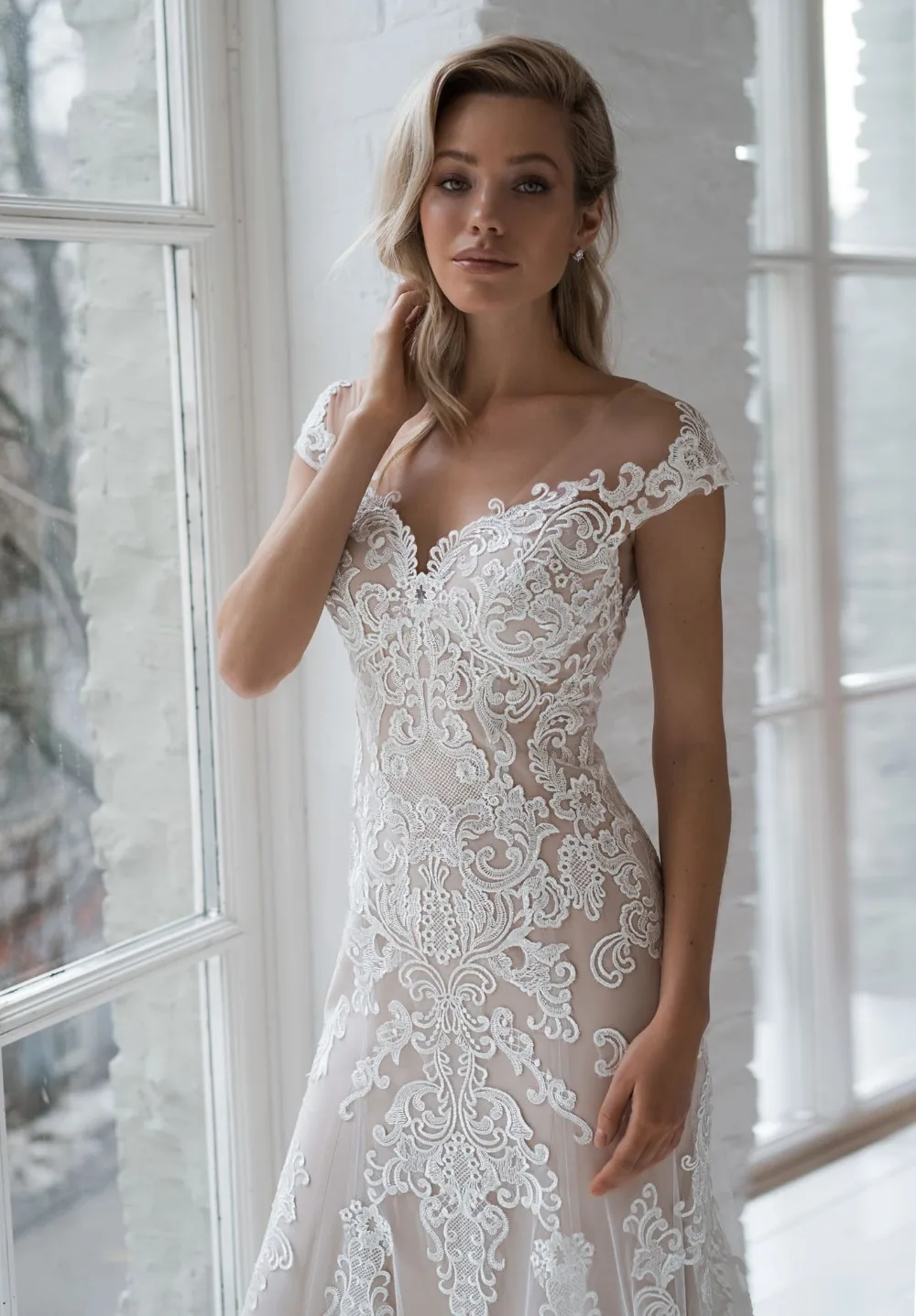 Кружевные свадебные платья русалки, кружевной воротник Sheer Jewel, Классические свадебные платья, свадебные платья
