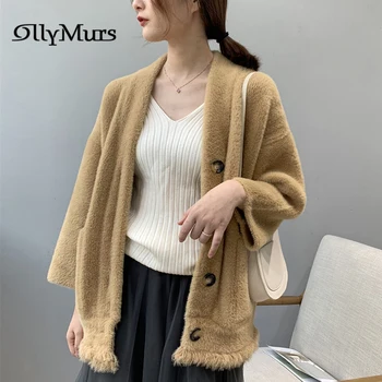 

Mink Cashmere Women Fashion Cardigans KM033 Long Sleeve Elegant Ladies Knitting Sweater Outwears Solid Tassel Thicken Cardigan