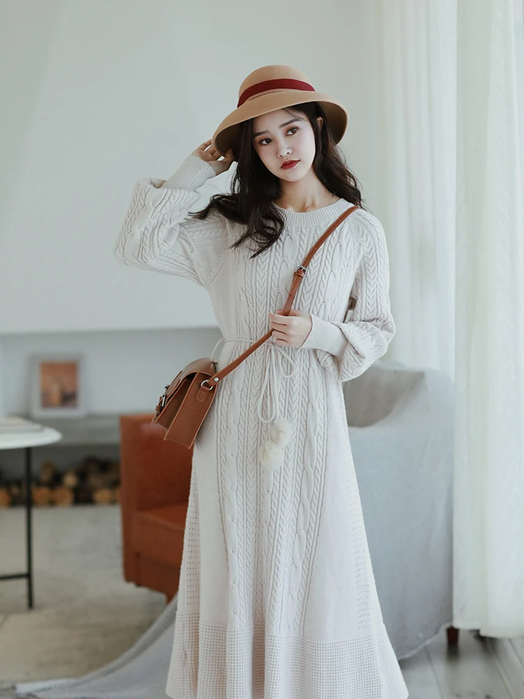 

Fall 2019 Women Autumn Elegant Slim Long Sleeve Knitted Dress Ladies Sweet Casual Loose Basic Dress robe longue femme vestido