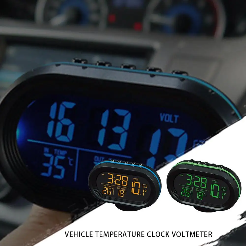 

Multi-function Car Temperature Clock Voltmeter Car Thermometer Electronic Clock Car Night Light Clock Supplies
