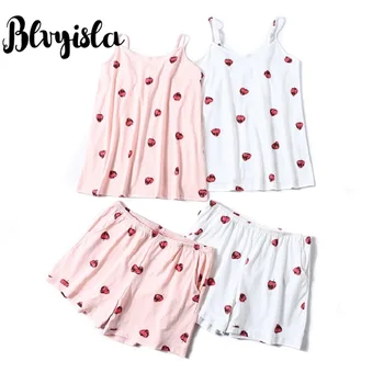 

3XL Oversize Summer Strawberry Print Sling Pajama Set Overweight Female Vest and Shorts Two Piece Homewear Plus Size Clothes