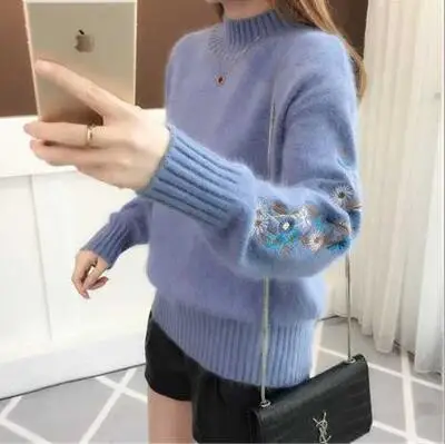 Женский пуловер с длинными рукавами и цветочной вышивкой, женский свитер в Корейском стиле, вязаный пуловер, джемпер на осень и зиму, топы Q9102 - Цвет: Синий
