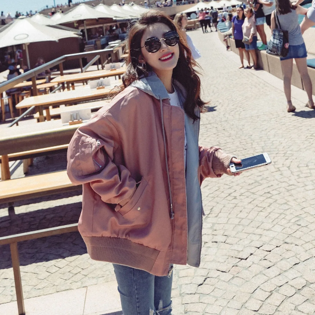 

2019 Online Celebrity Reversible Baseball Uniform Women's 2019 Early Spring Pink Hooded Short Loose-Fit BF Students Jacket