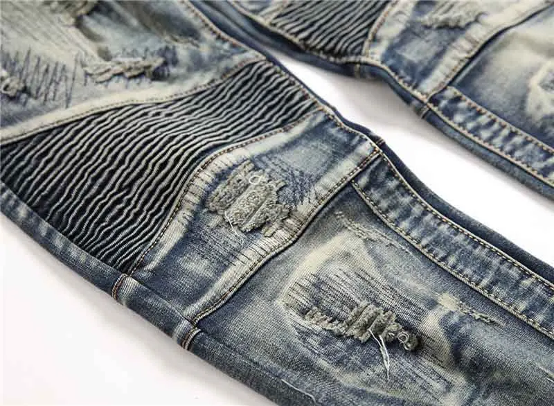 Mcikkny Men Ripped Biker Jeans Pants Straight Patchwork Motorcycle Denim Trousers Male Fashion Designer Size 29-38   (6)