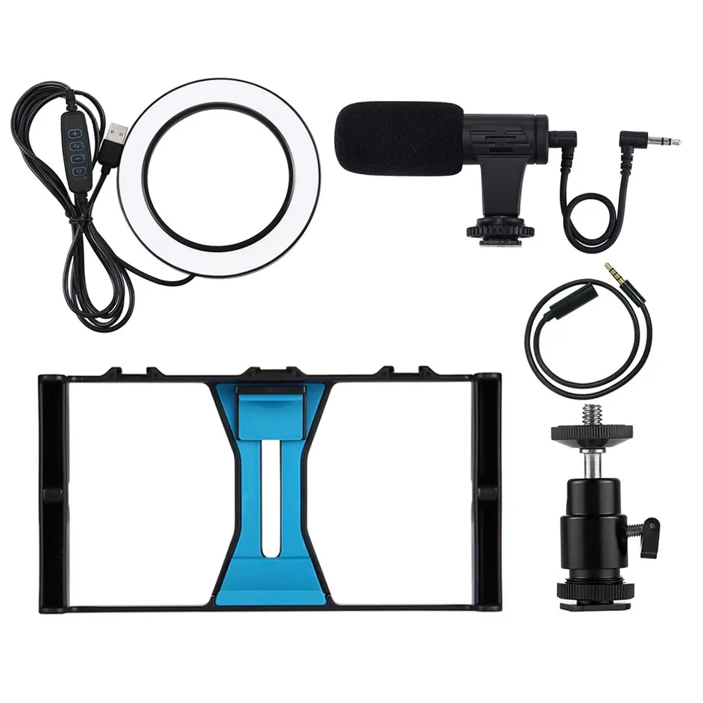 with Microphone PULUZ 3 в 1 Vlogging Live Broadcast смартфон видео Rig+ микрофон+ кольцевая светодиодная вспышка для селфи комплекты с холодной башмаком штатива - Цвет: with Microphone