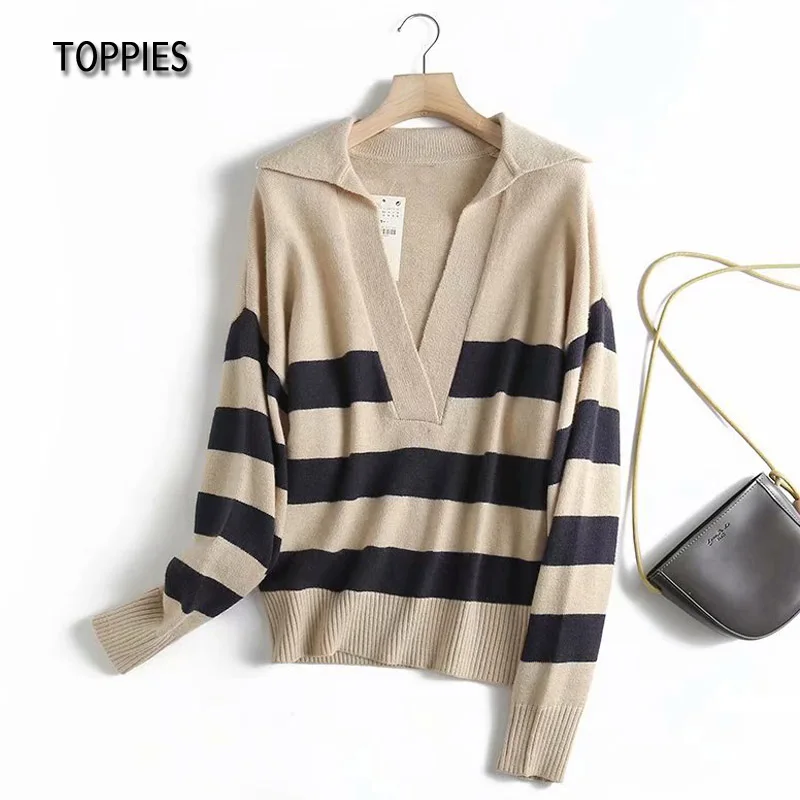 Toppies Vintage Striped Sweater Women Knitted Lapel Tops Casual Female Pullovers Autumn Jumpers | Женская одежда