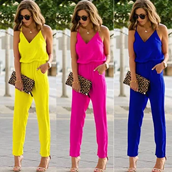 

Women Summer Strappy Sleeveless Pockets Jumpsuit Overalls Long Romper Ladies Jumpsuit Jumper
