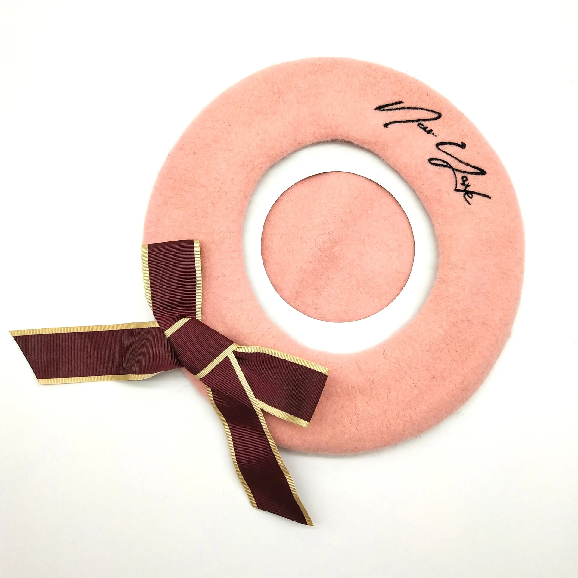 

Autumn and winter new bow berets Korea Japanese sweet wool vintage letters embroidered painter hat berets caps for women