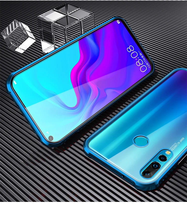 Магнитный адсорбционный металлический чехол для телефона huawei Honor 10 Lite P smart из закаленного стекла, прозрачный двухсторонний Магнитный чехол - Цвет: Синий