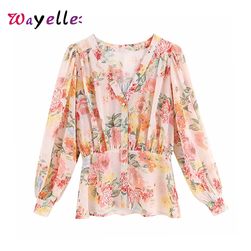 

Chiffon Women Tops Floral Print Buttons Women Blouses 2019 Fall Chic Long Sleeve Pleated Women Tops Korean Fashion Clothing