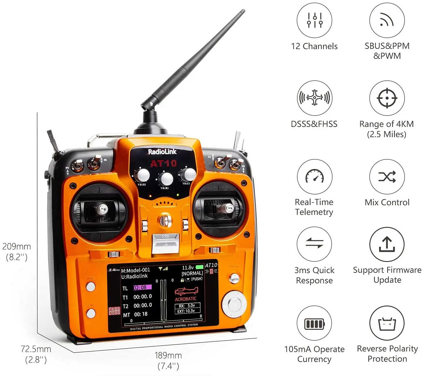 Récepteur RC Orange 2.4GHz en gros plan, connecteurs et marquages nets. Achetez Récepteur RC Orange 2.4GHz Mode1/Mode2 - Livraison Rapide.
